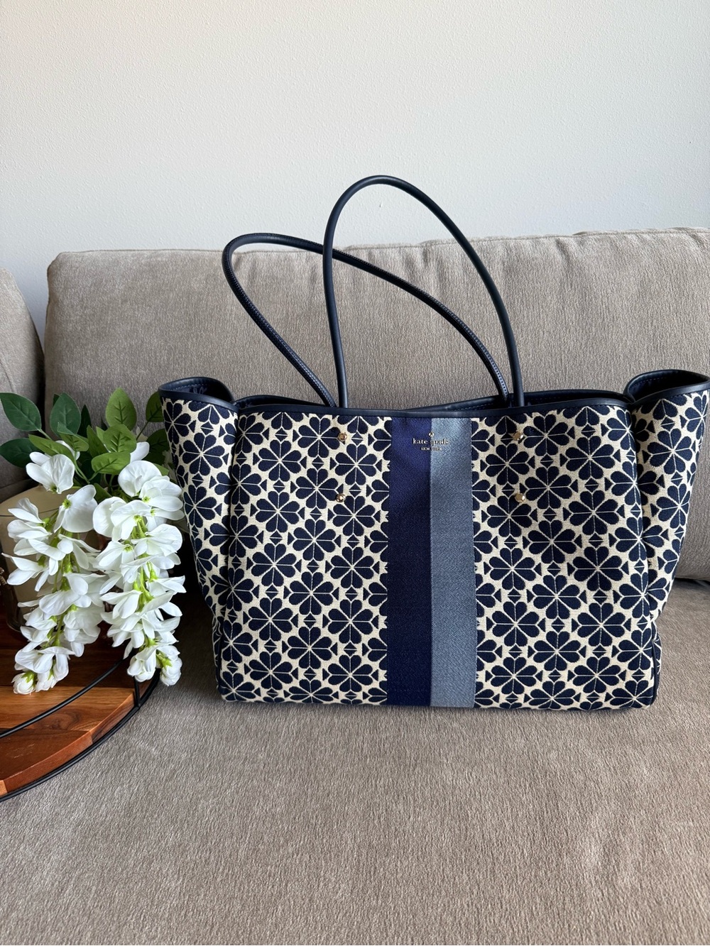Kate Spade Navy and Cream Spade Floral Large Tote Bag